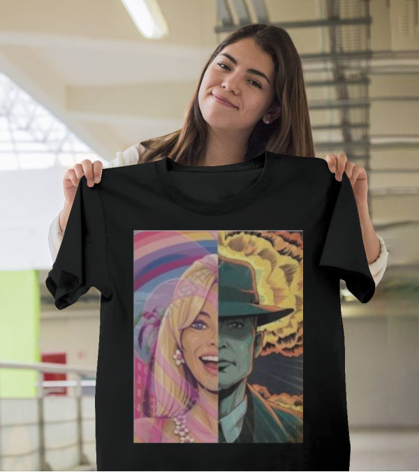 Discussingfilm Barbie Vs Oppenheimer Jonattfieldart Rainbow Explosion Duality T-Shirt