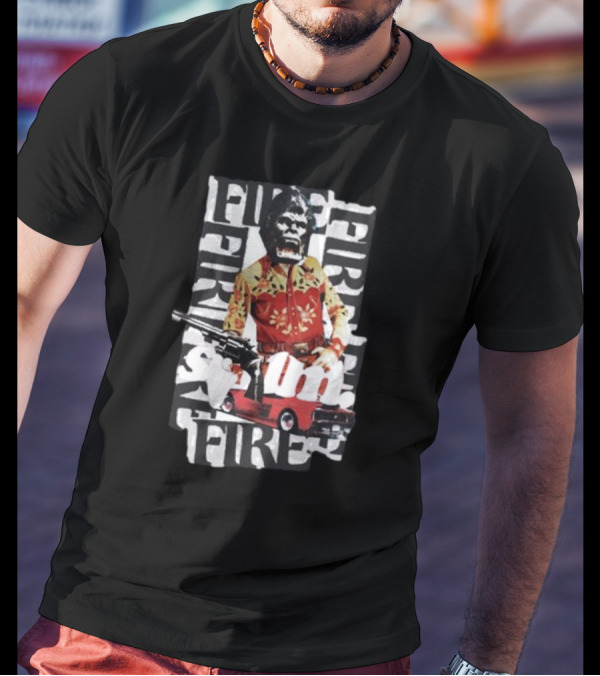 Scum Fire With Gorilla Holding Gun And Fire Text Over Red Car T-Shirt