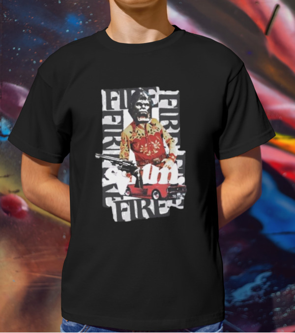 Scum Fire With Gorilla Holding Gun And Fire Text Over Red Car T-Shirt