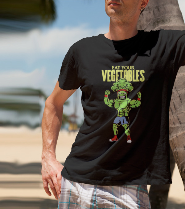 EAT YOUR VEGETABLES Broccoli Bodybuilder In Red Sneakers T-Shirt
