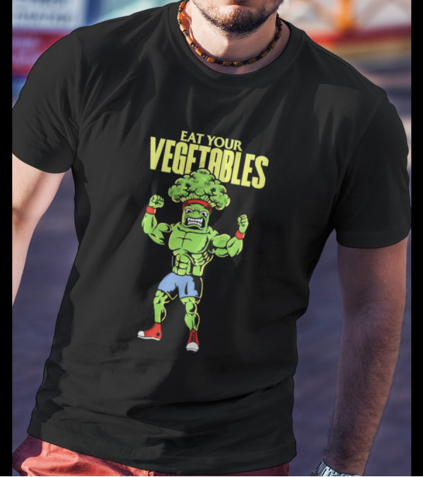 EAT YOUR VEGETABLES Broccoli Bodybuilder In Red Sneakers T-Shirt