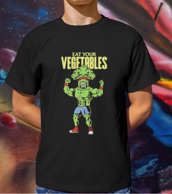 EAT YOUR VEGETABLES Broccoli Bodybuilder In Red Sneakers T-Shirt