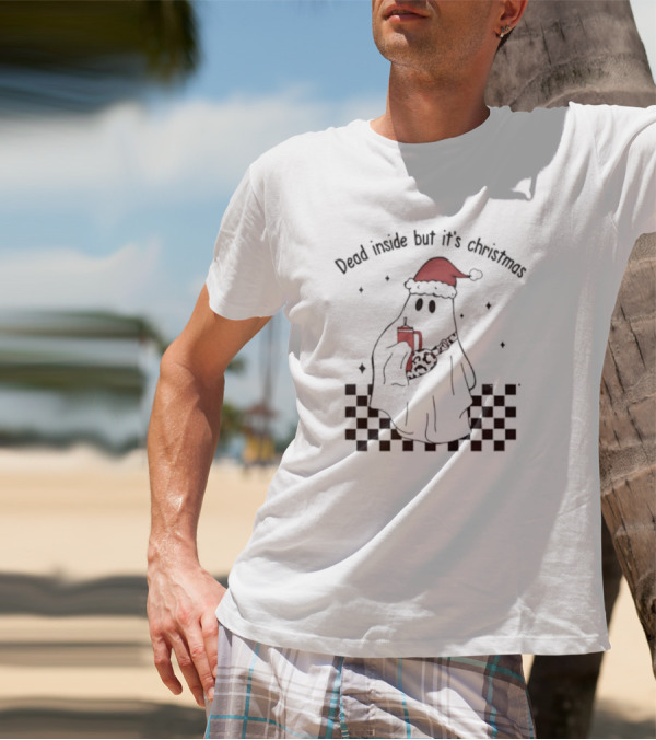 Dead Inside But It's Christmas Ghost With Santa Hat And Mug T-Shirt