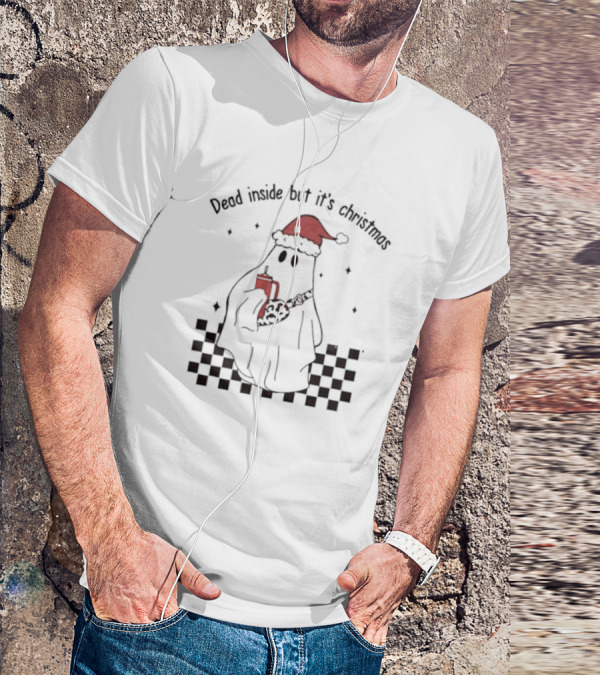 Dead Inside But It's Christmas Ghost With Santa Hat And Mug T-Shirt