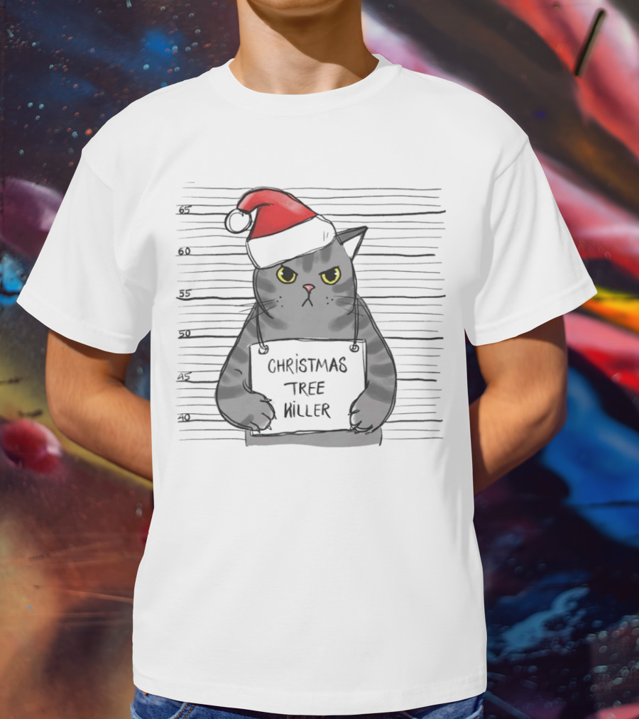 Grumpy Festive Cat With Santa Hat And Mischievous Look T-Shirt