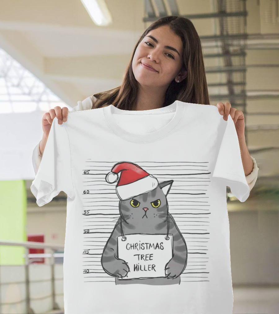 Grumpy Festive Cat With Santa Hat And Mischievous Look T-Shirt