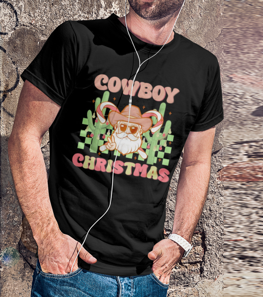 Cowboy Christmas Santa With Candy Cane And Cactus T-Shirt
