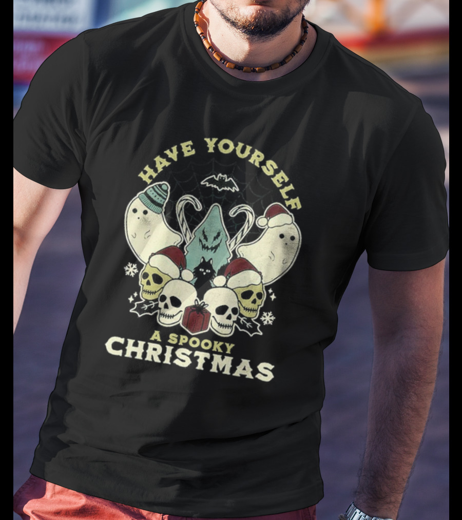 Have Yourself A Spooky Christmas With Ghosts Skulls And Bat T-Shirt