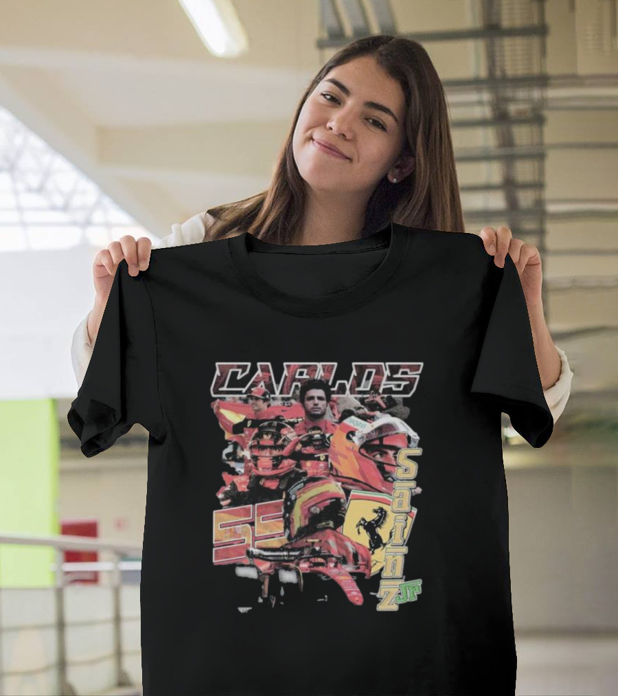 Carlos Sainz Jr Ferrari Racing Inspired Collage With Car Number 55 T-Shirt