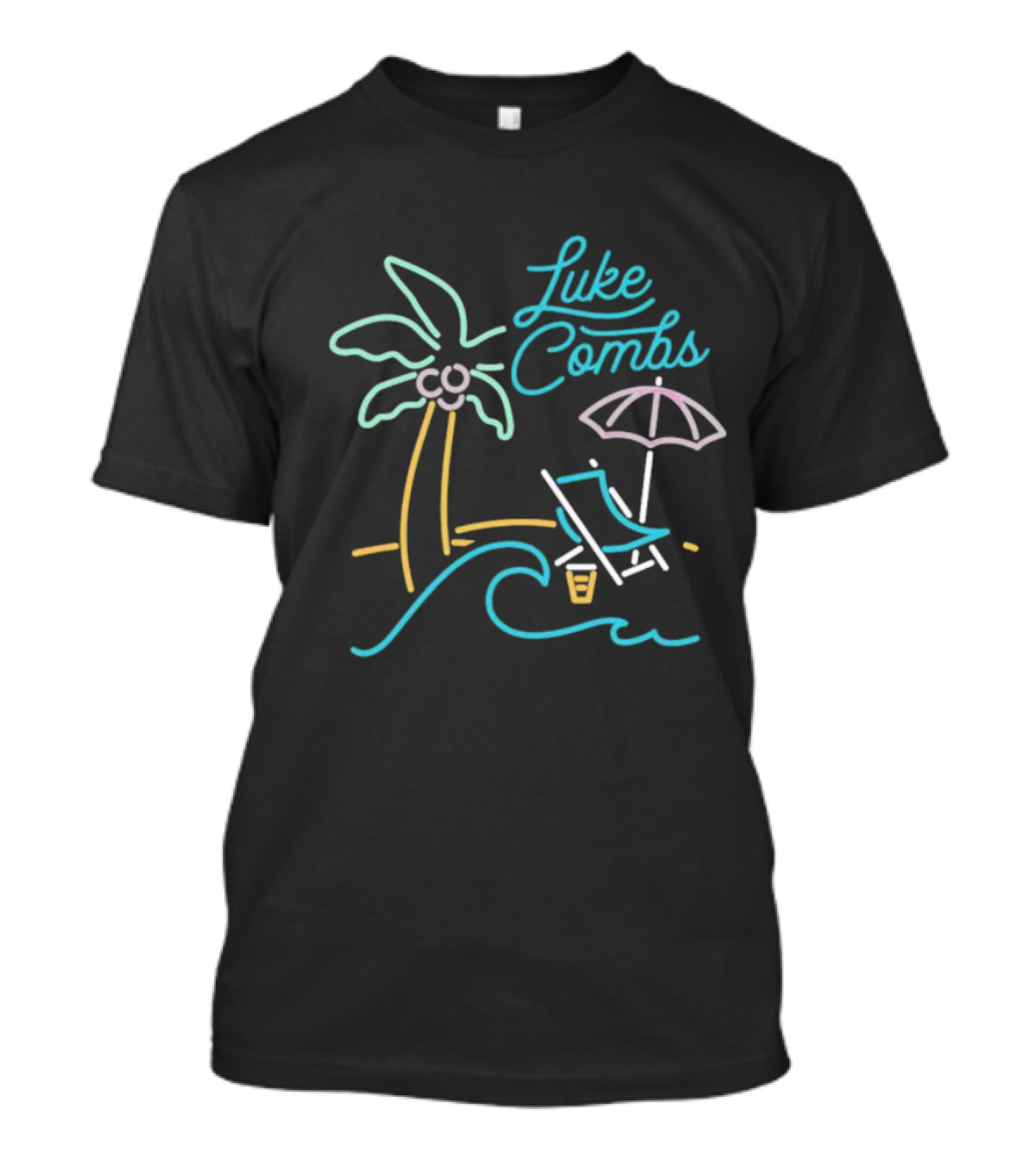 Luke Combs Neon Palm Tree Beach Scene With Umbrella And Chair T-Shirt