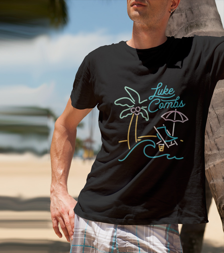 Luke Combs Neon Palm Tree Beach Scene With Umbrella And Chair T-Shirt