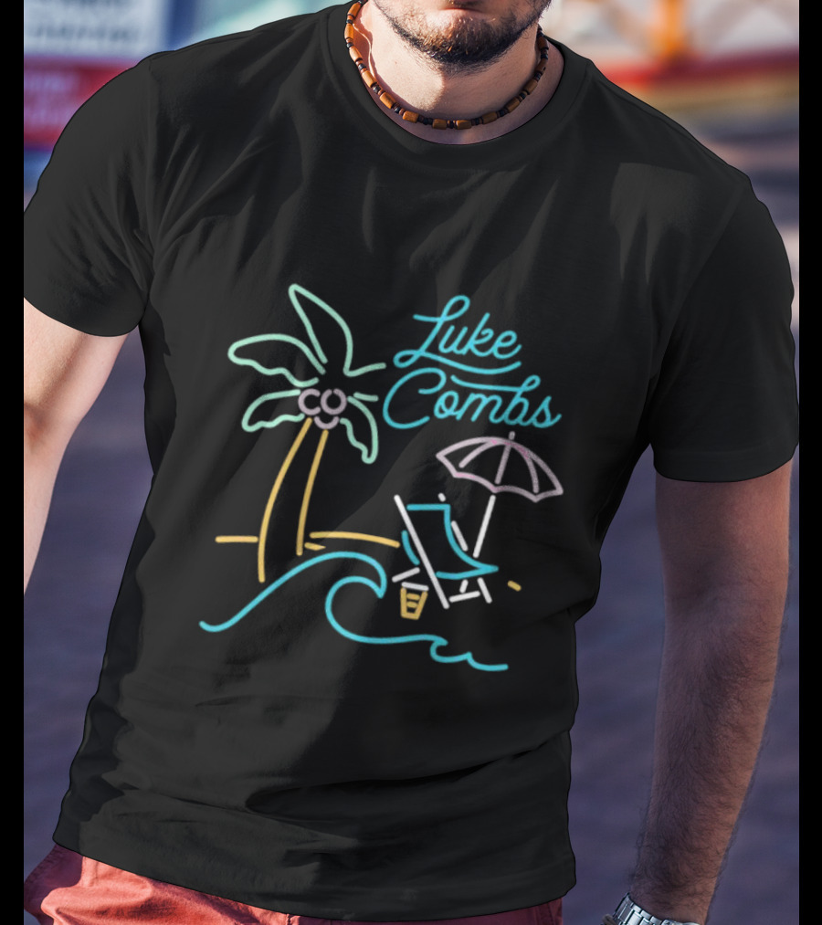 Luke Combs Neon Palm Tree Beach Scene With Umbrella And Chair T-Shirt