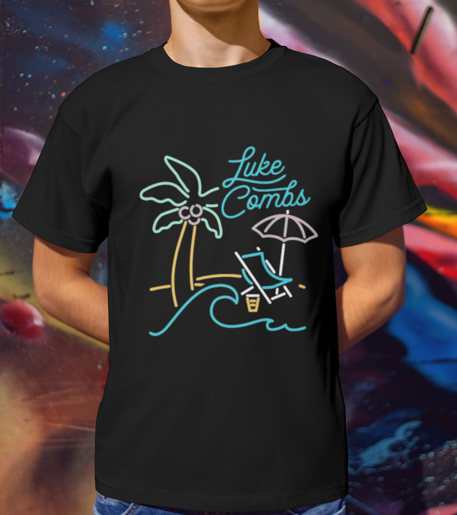 Luke Combs Neon Palm Tree Beach Scene With Umbrella And Chair T-Shirt