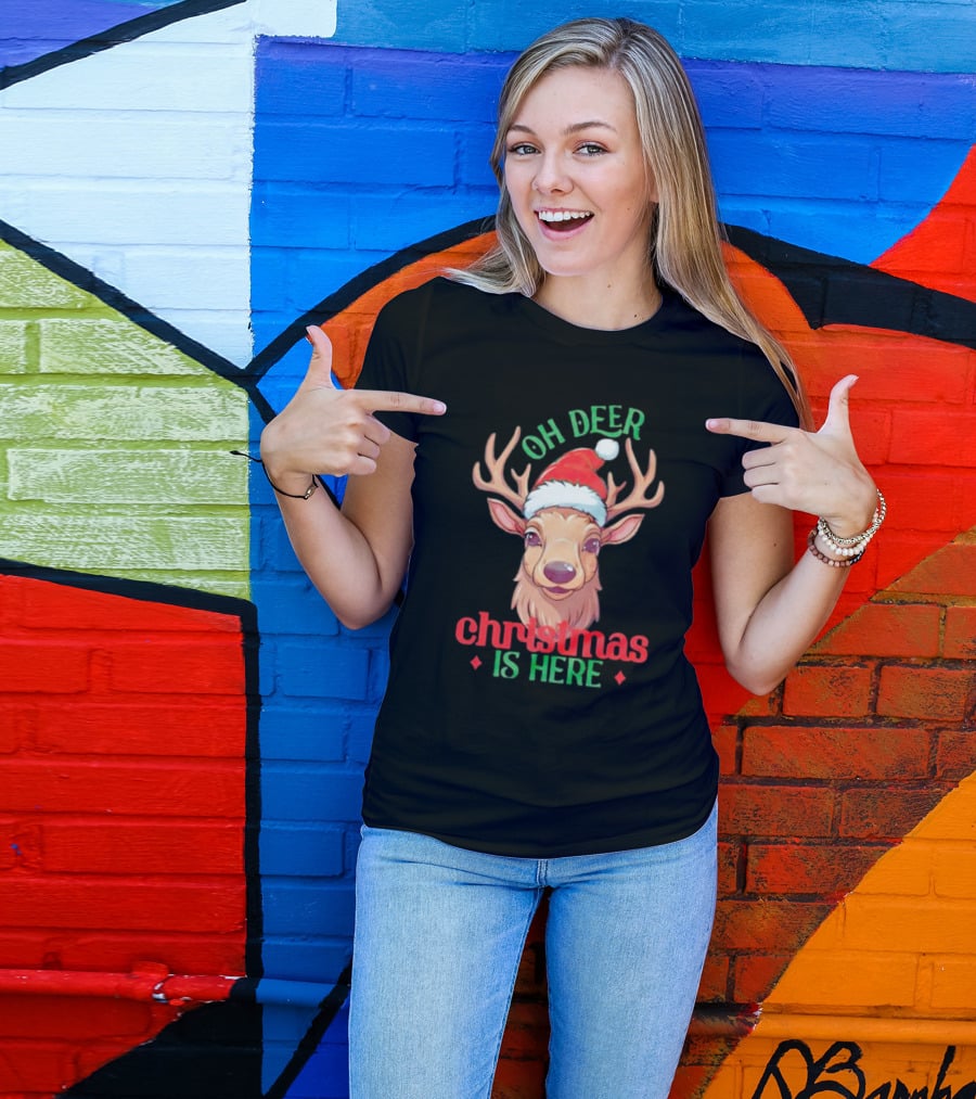 Oh Deer Christmas Is Here Festive Reindeer Santa Hat T-Shirt