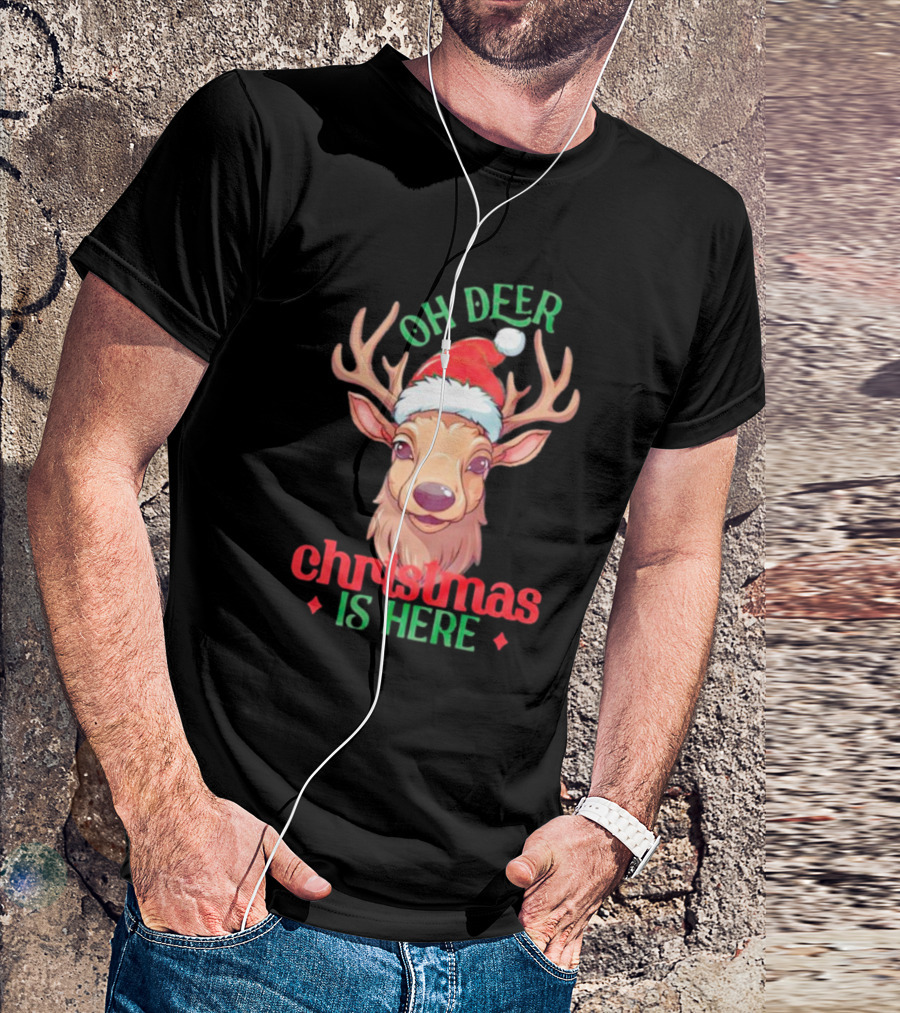 Oh Deer Christmas Is Here Festive Reindeer Santa Hat T-Shirt
