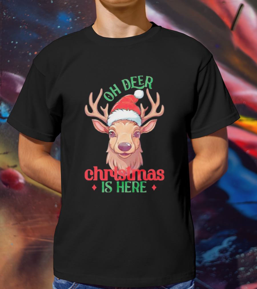 Oh Deer Christmas Is Here Festive Reindeer Santa Hat T-Shirt