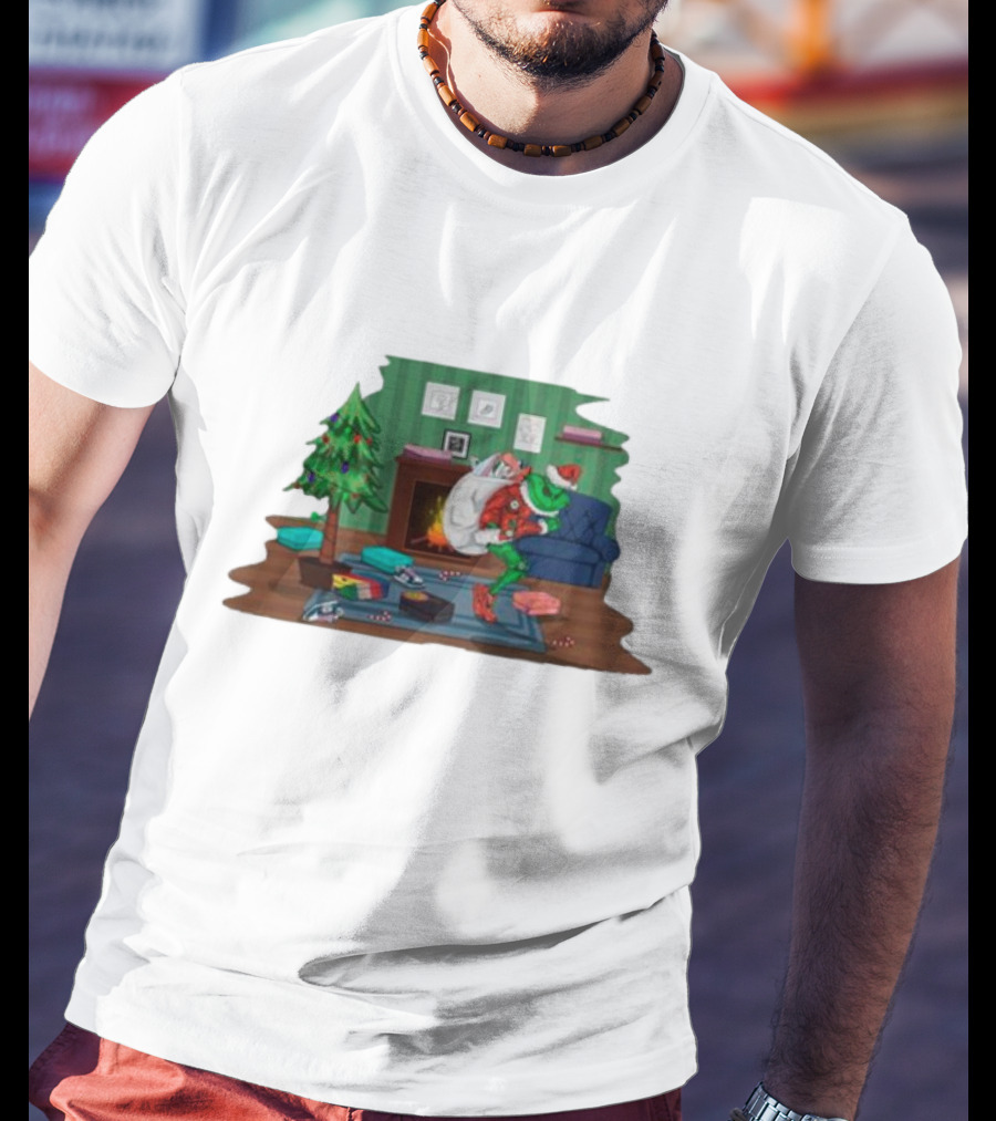 Grinch In Santa Outfit Stealing Presents By The Christmas Tree T-Shirt