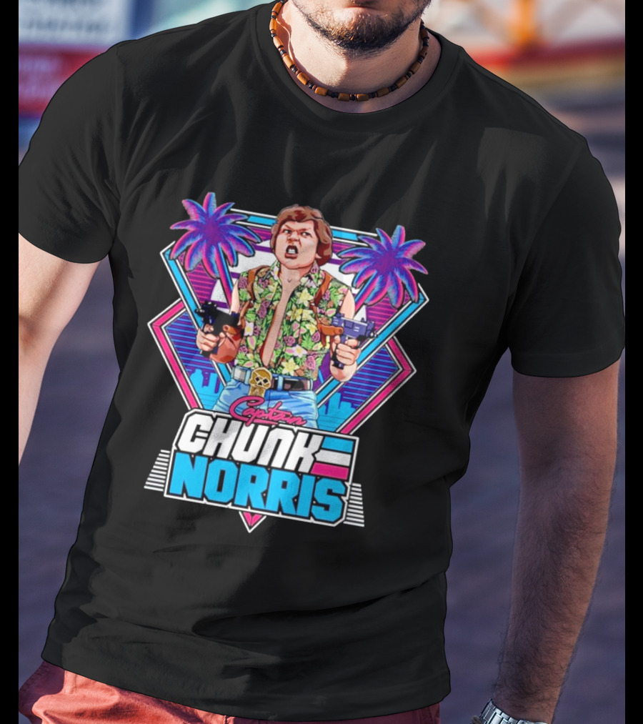 Captain Chunk Norris Retro Miami Vice Styled Character With Dual Pistols And Neon Palm Trees T-Shirt