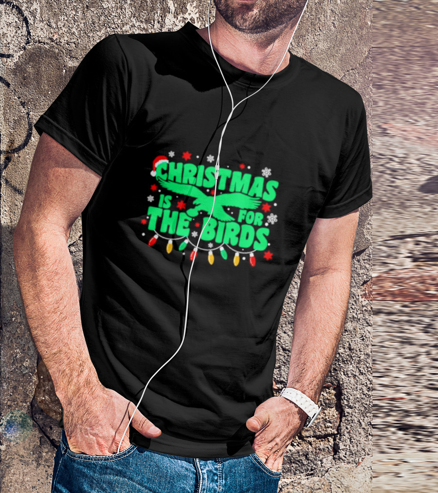 Christmas Is For The Birds Festive Holiday Lights Snowflakes Santa Hat T-Shirt