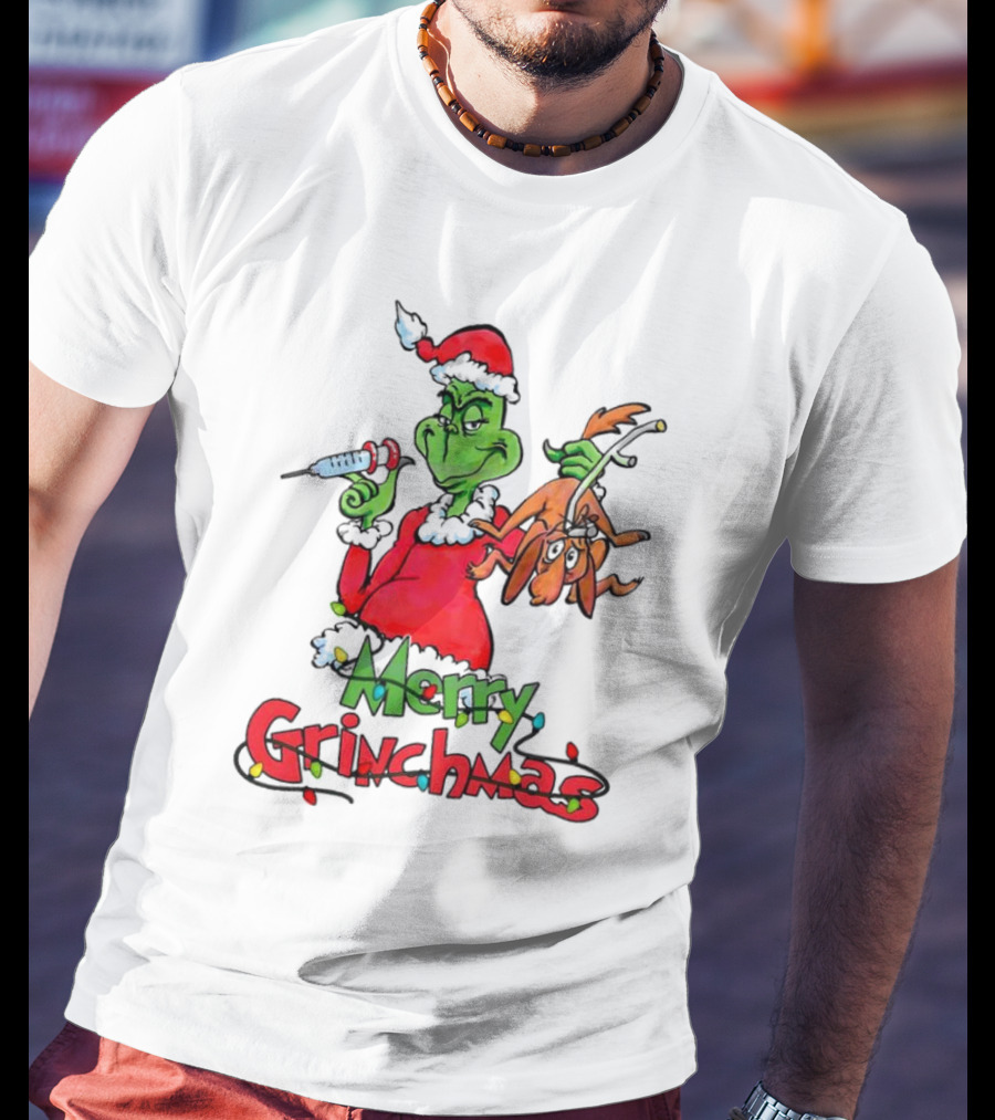 Merry Grinchmas Nurse Christmas Grinch With Syringe And Reindeer Dog T-Shirt