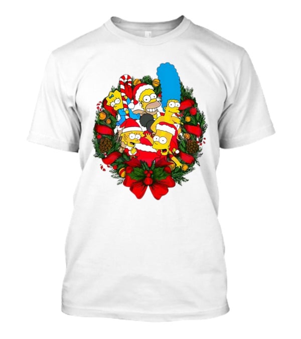 The Simpsons Holiday Wreath With Santa Hats And Candy Canes T-Shirt