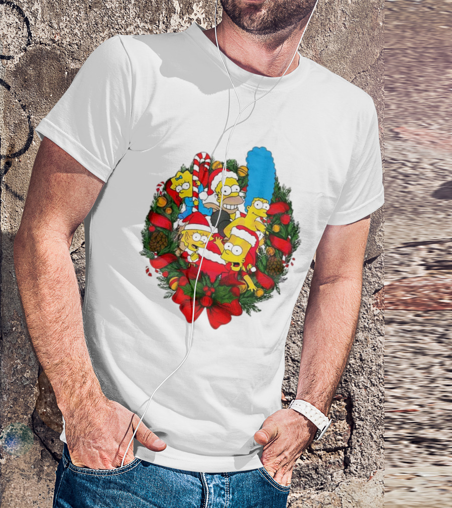 The Simpsons Holiday Wreath With Santa Hats And Candy Canes T-Shirt