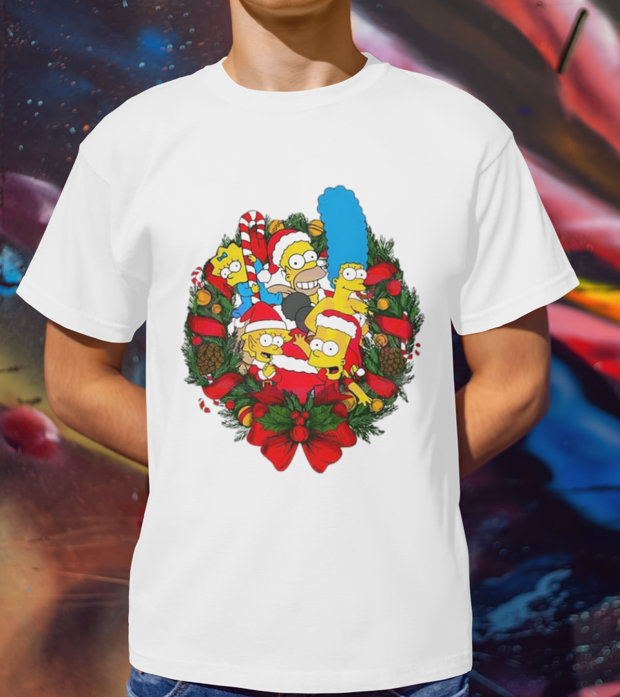 The Simpsons Holiday Wreath With Santa Hats And Candy Canes T-Shirt