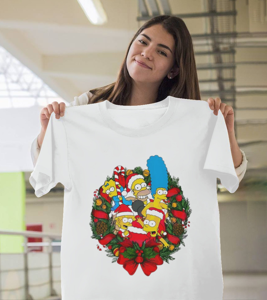 The Simpsons Holiday Wreath With Santa Hats And Candy Canes T-Shirt