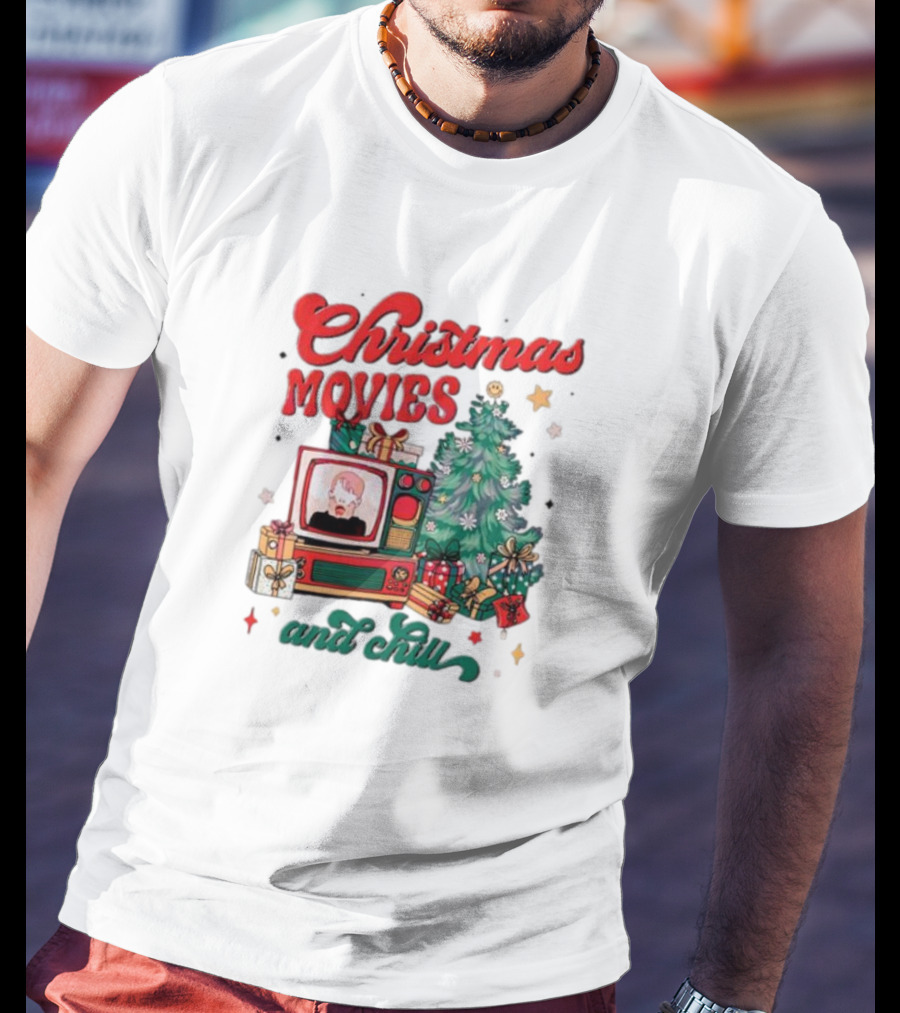 Christmas Movies And Chill Retro TV Christmas Tree Presents T-Shirt