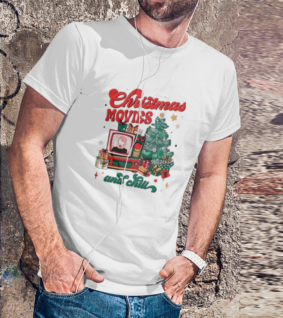Christmas Movies And Chill Retro TV Christmas Tree Presents T-Shirt