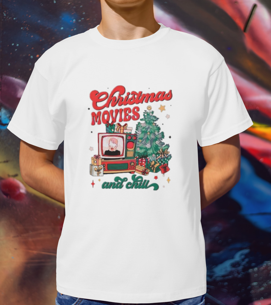Christmas Movies And Chill Retro TV Christmas Tree Presents T-Shirt