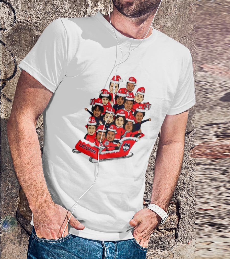 UConn Huskies Christmas Cartoon Sled Team Santa Hats T-Shirt