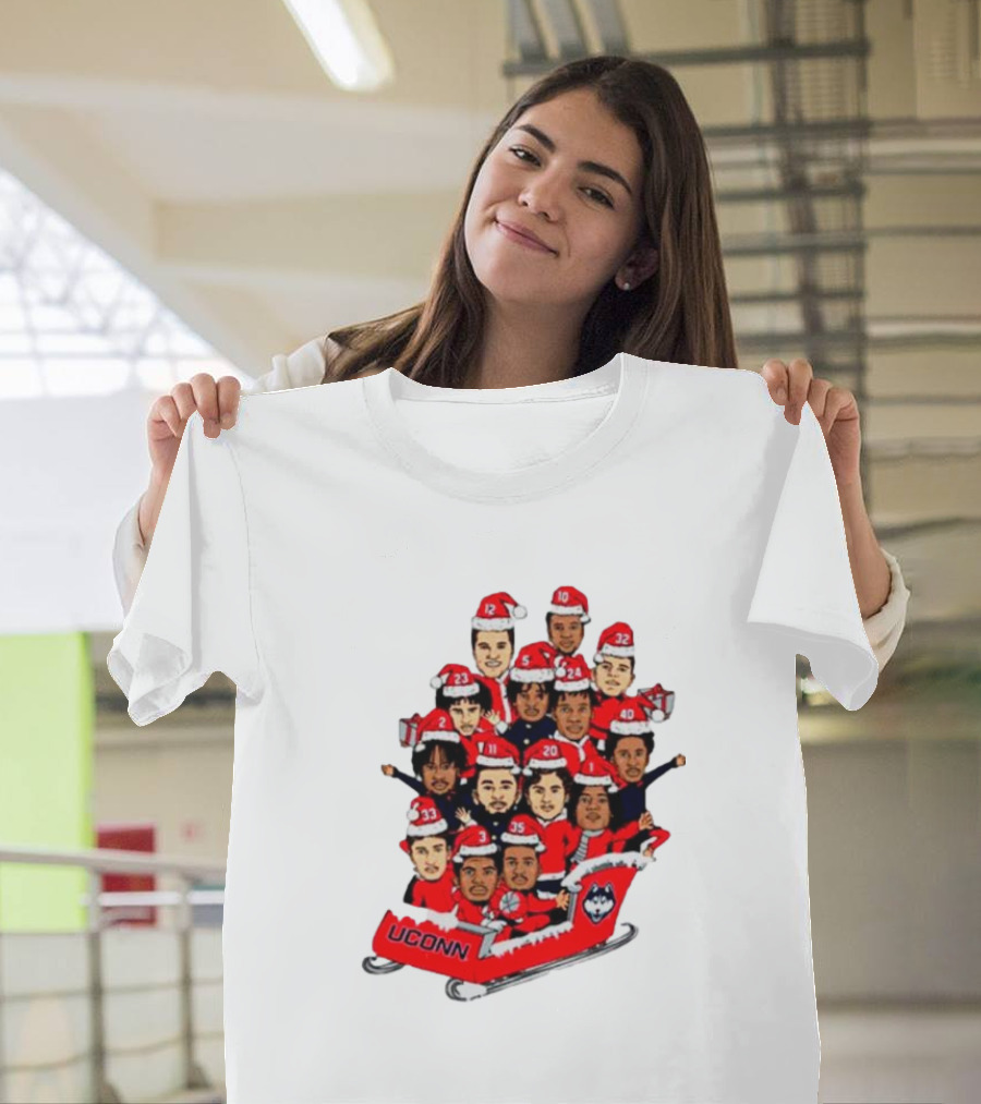 UConn Huskies Christmas Cartoon Sled Team Santa Hats T-Shirt