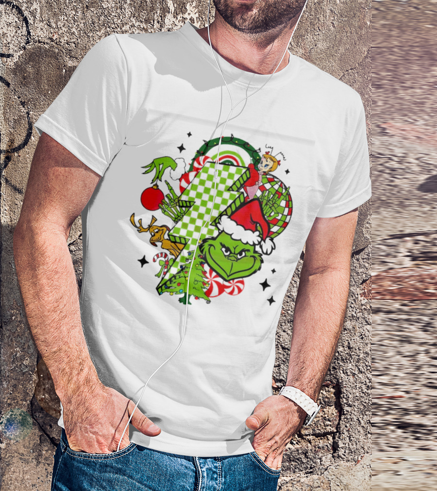 Grinch Christmas Checkered Lightning Bolt With Friends And Festive Decorations T-Shirt