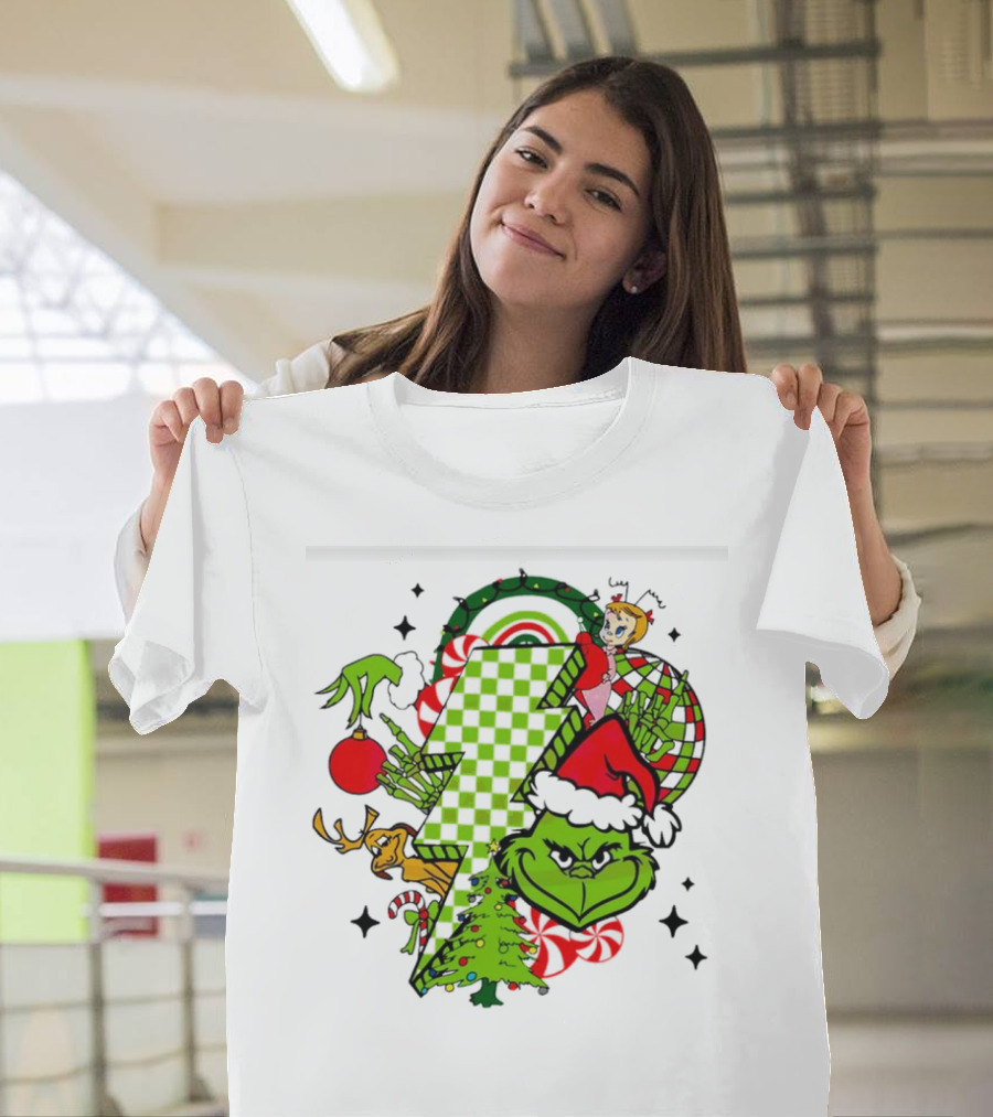 Grinch Christmas Checkered Lightning Bolt With Friends And Festive Decorations T-Shirt