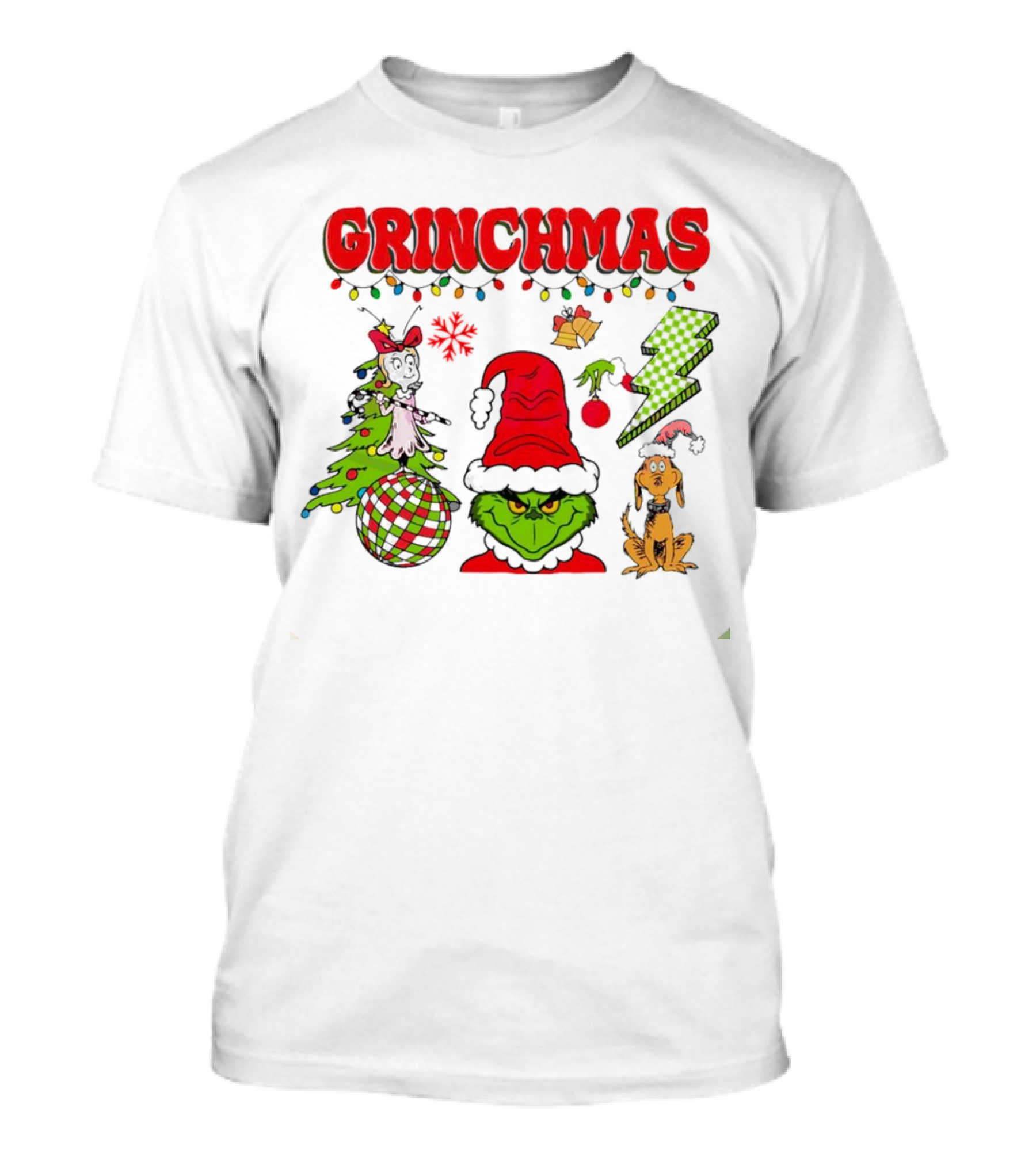 Grinch Grinchmas Red Hat Christmas Tree Max Dog Lightning Bolt Ornaments T-Shirt