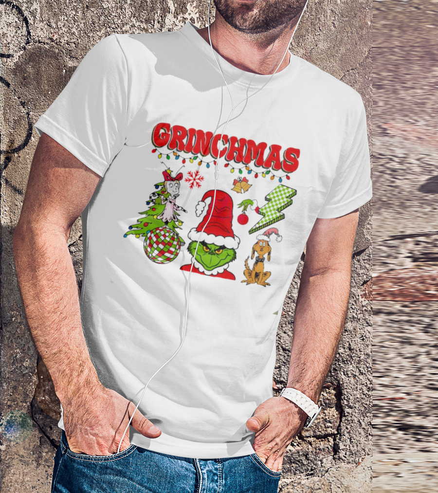 Grinch Grinchmas Red Hat Christmas Tree Max Dog Lightning Bolt Ornaments T-Shirt