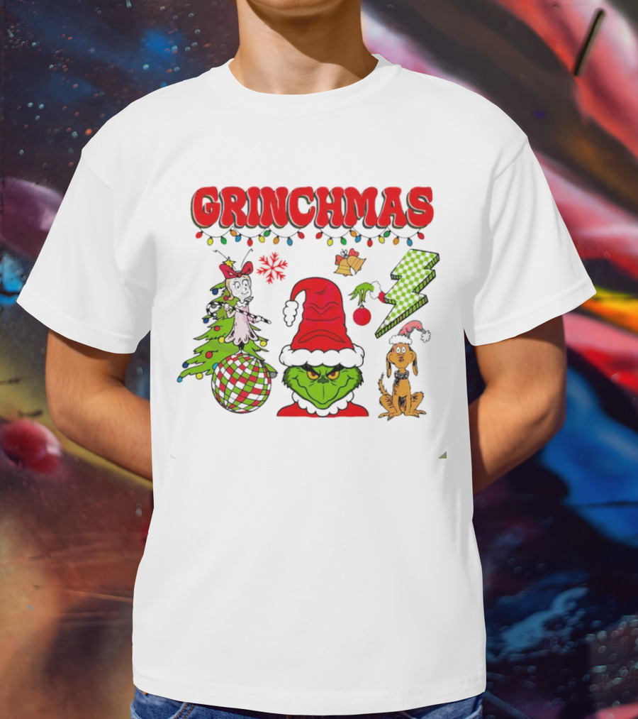 Grinch Grinchmas Red Hat Christmas Tree Max Dog Lightning Bolt Ornaments T-Shirt
