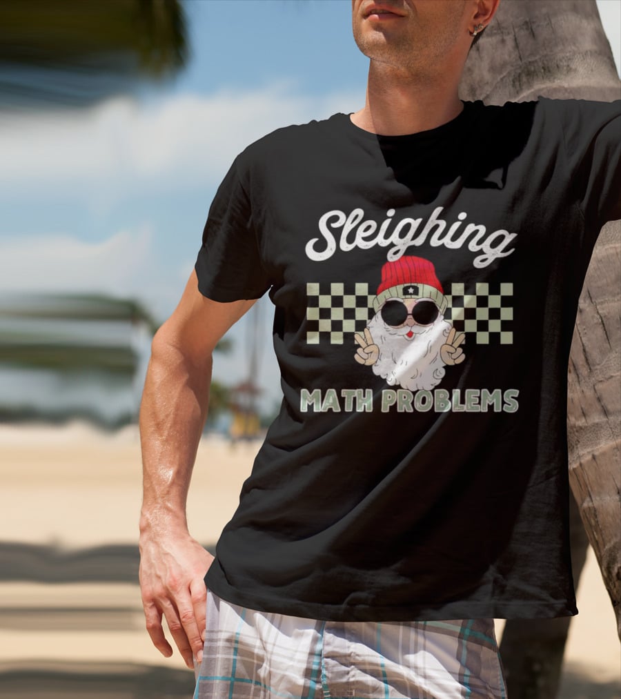 Sleighing Math Problems Santa Peace Sign Checkered Background T-Shirt
