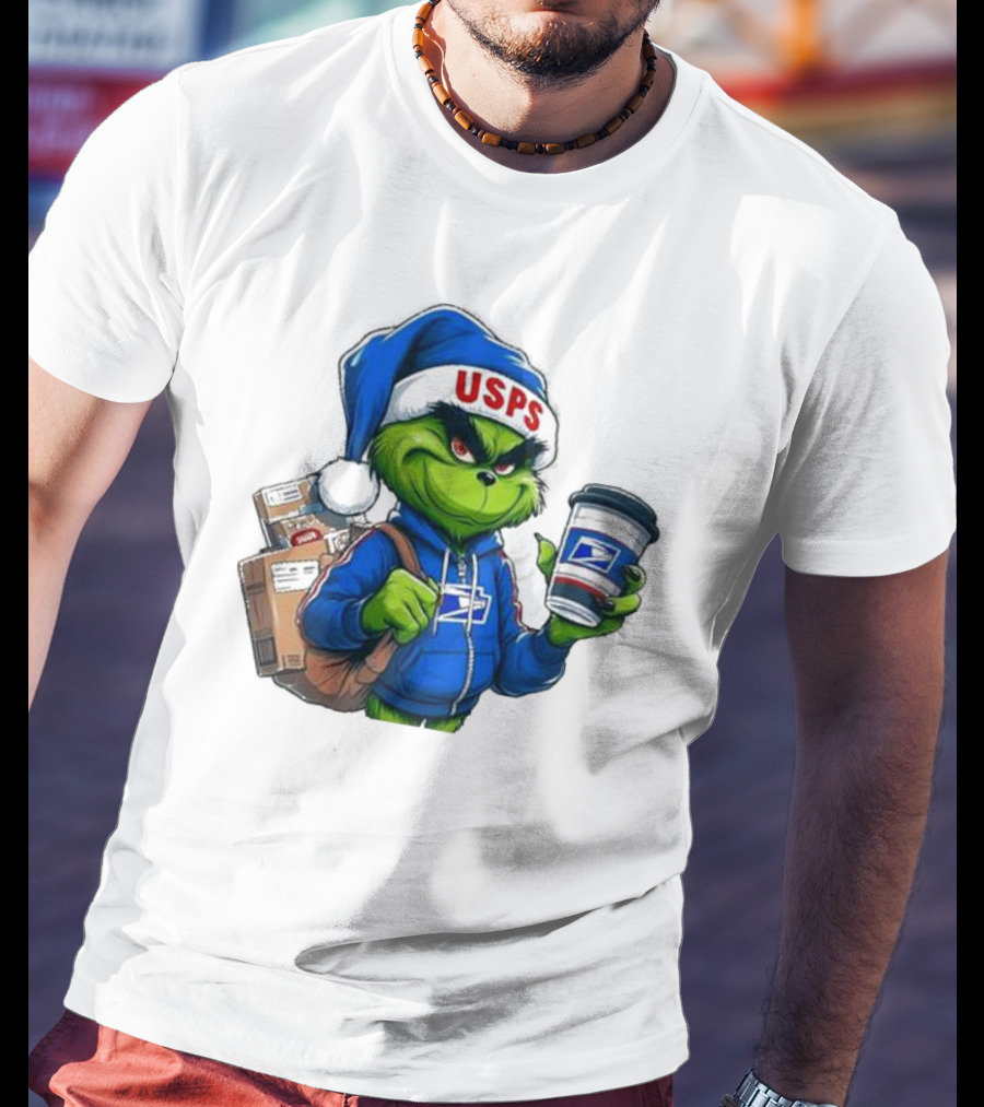 USPS Grinch Merry Christmas Delivery With Packages And Coffee T-Shirt