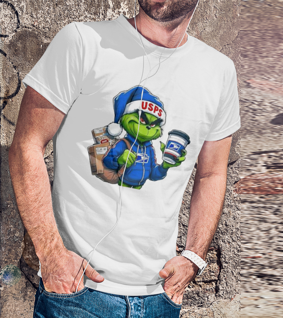 USPS Grinch Merry Christmas Delivery With Packages And Coffee T-Shirt