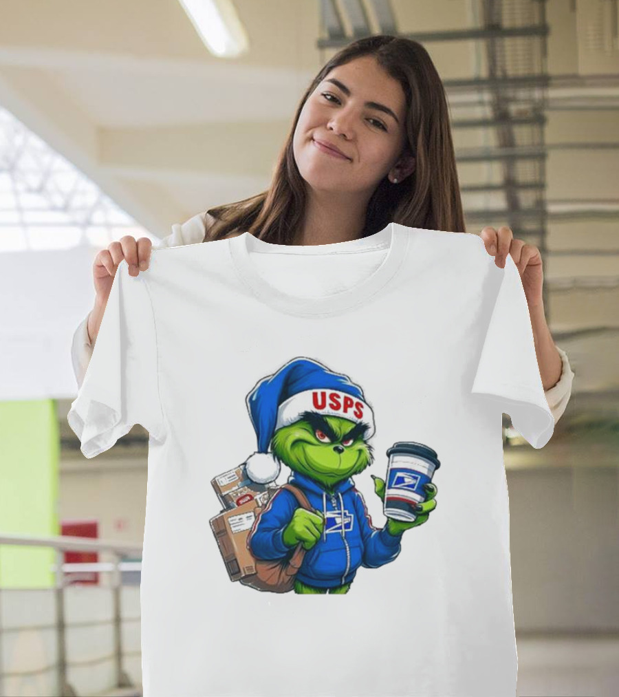 USPS Grinch Merry Christmas Delivery With Packages And Coffee T-Shirt