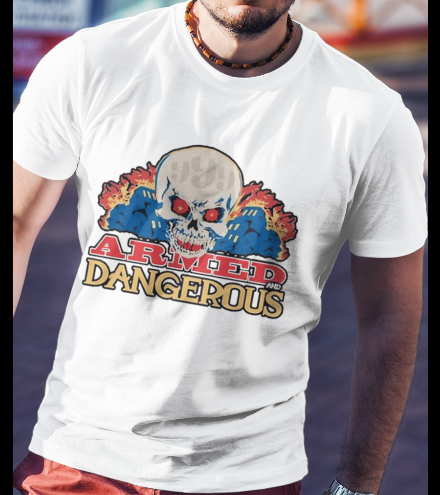 999 Club Armed And Dangerous Skull With Red Eyes And Flames T-Shirt