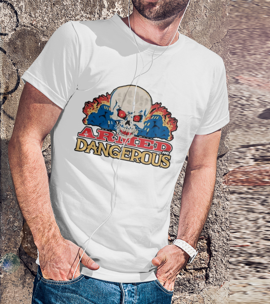 999 Club Armed And Dangerous Skull With Red Eyes And Flames T-Shirt
