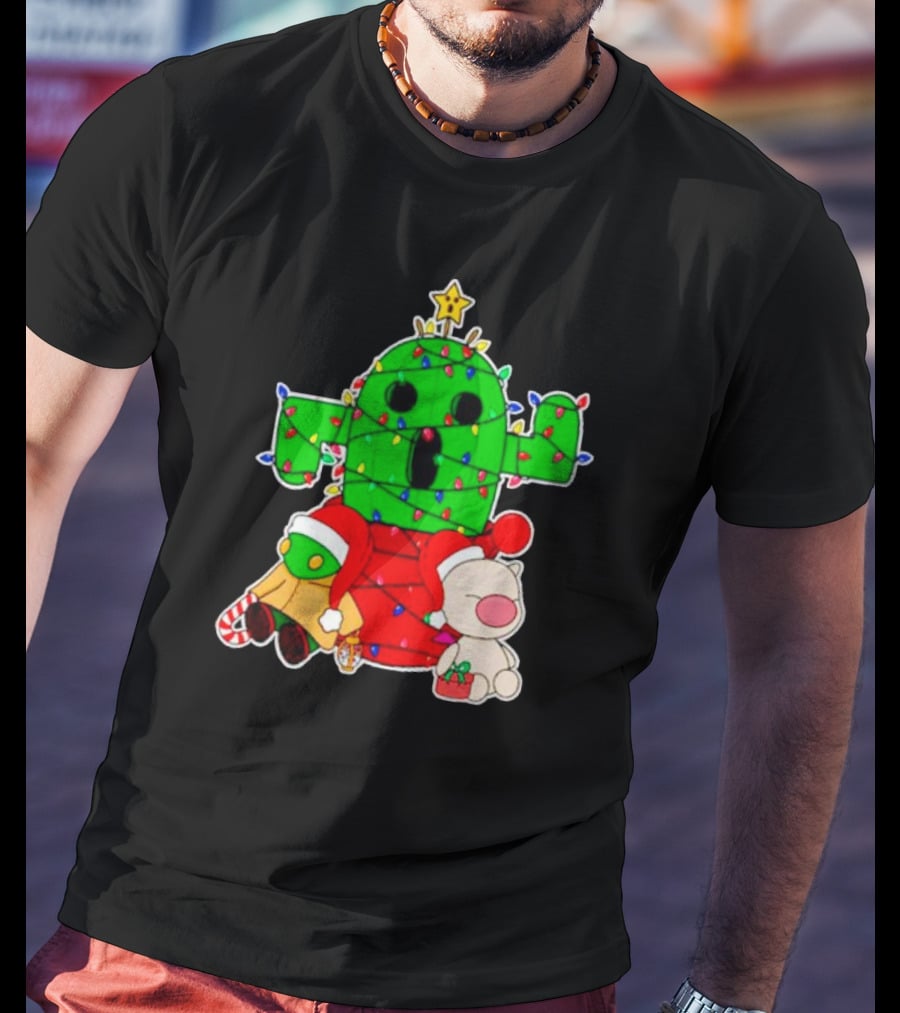 Christmas Moogle Cactuar Wrapped In Lights Star Topped Festive Scene T-Shirt