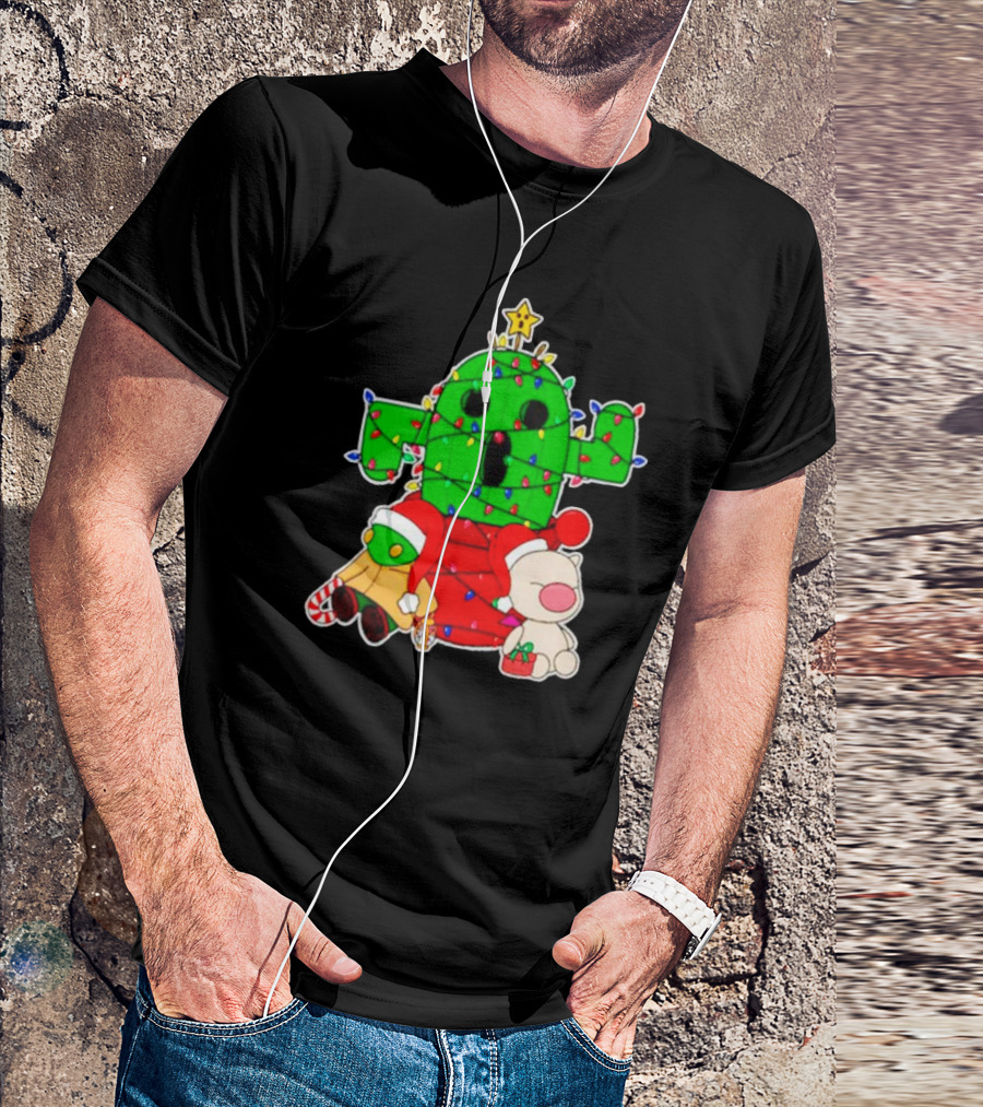 Christmas Moogle Cactuar Wrapped In Lights Star Topped Festive Scene T-Shirt
