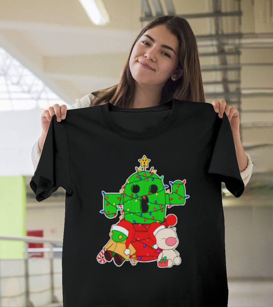 Christmas Moogle Cactuar Wrapped In Lights Star Topped Festive Scene T-Shirt