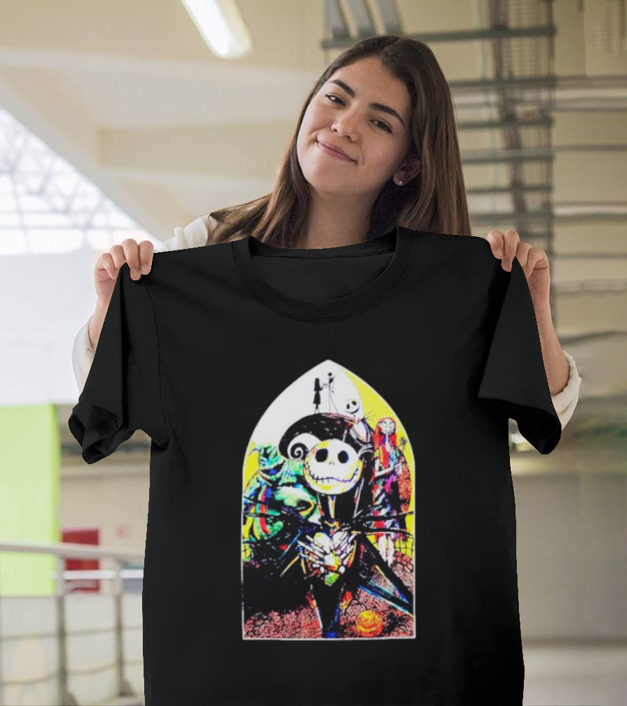 Jack Skellington And Friends Stained Glass Style Scene From The Nightmare Before Christmas T-Shirt