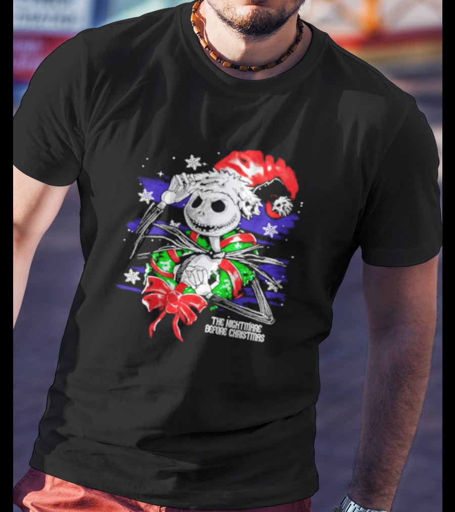 The Nightmare Before Christmas Jack Skellington In Santa Hat And Grinch Green Scarf T-Shirt