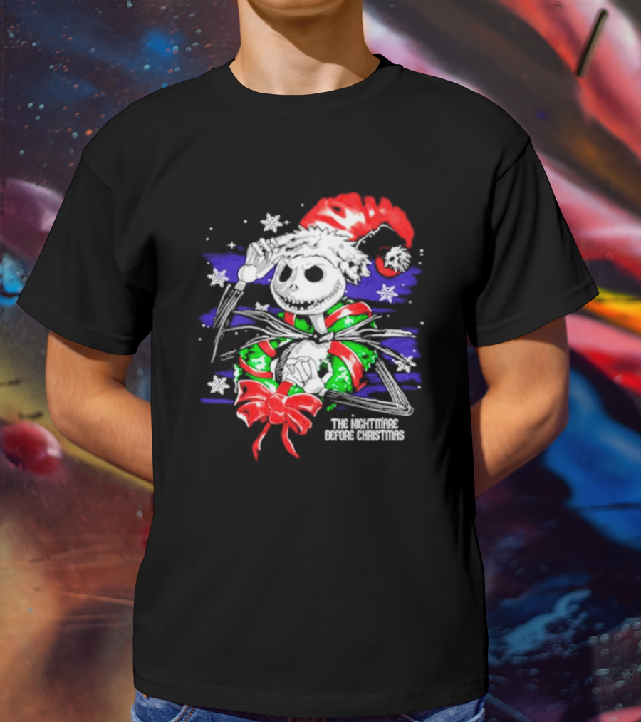 The Nightmare Before Christmas Jack Skellington In Santa Hat And Grinch Green Scarf T-Shirt